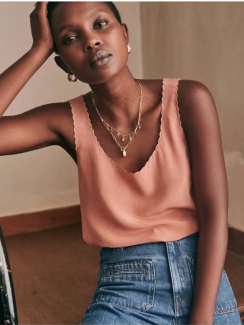 Sezane Lucie Top Blush Pink 100% Silk Scalloped Sleeveless Tank Blouse 42 US 10